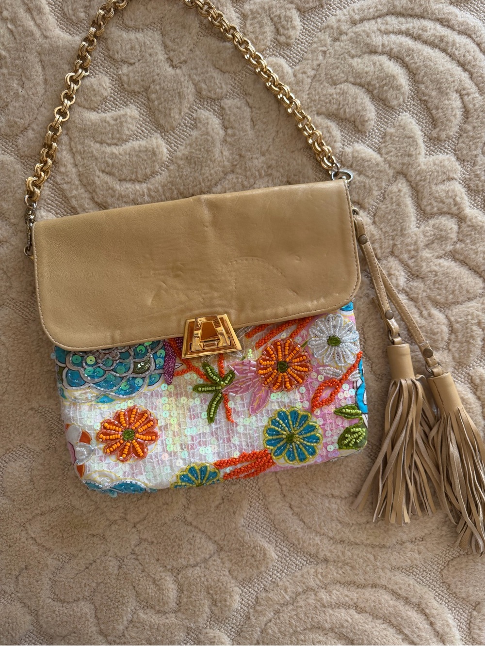 Beaded Floral and leather evening  Bag with chain. Vintage gorgeous! Tassel trim